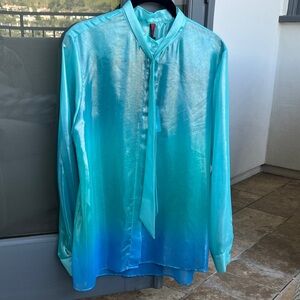 GORGEOUS Silky Ombre Aqua Tie-Neck Shirt NWT